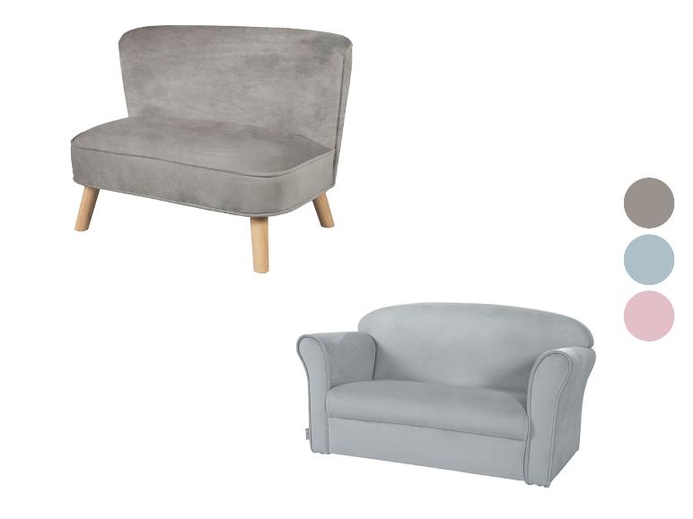 Twee grijze kinderbanken in verschillende stijlen met kleurstalen.