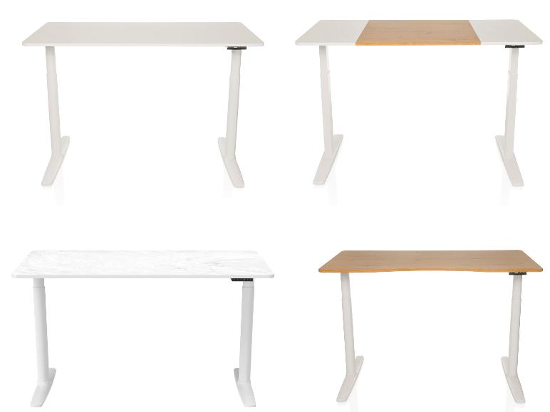Vier verstelbare zit-sta bureaus met witte en houtnerf bladen