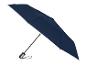 Marineblauwe opvouwbare paraplu met een zwart en grijs handvat.