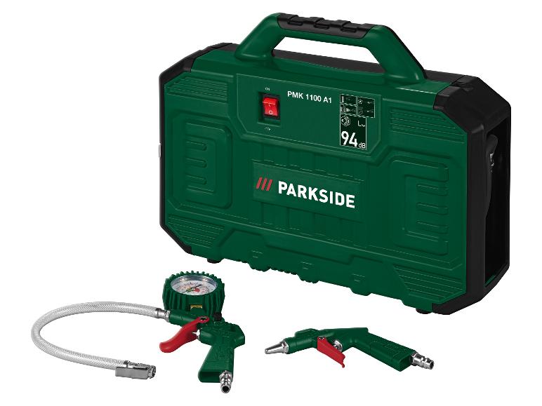 Parkside PMK 1100 A1 draagbare luchtcompressor met accessoires.