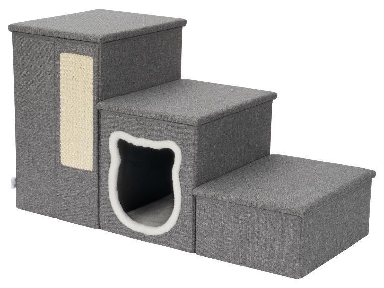 Grijze drietraps huisdierentrap met krabpaal en kattenhol.