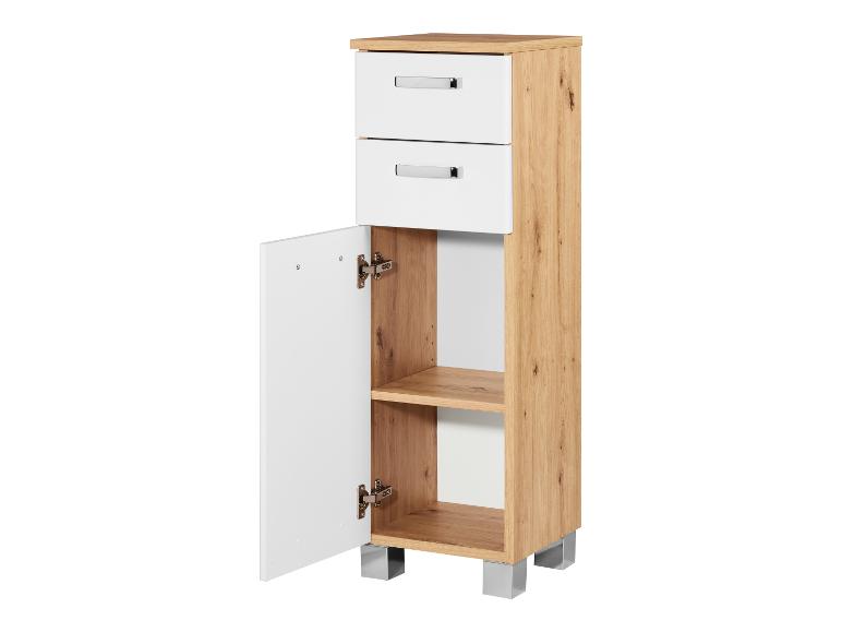 Opbergmeubel: twee laden, een deur en planken, moderne stijl.