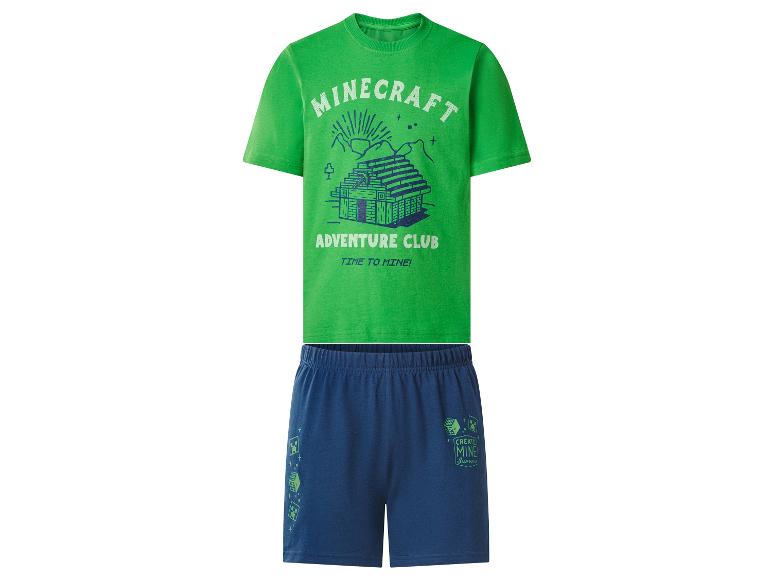 Groen T-shirt en donkerblauwe shorts met avontuur- en mijnbouwthema-prints