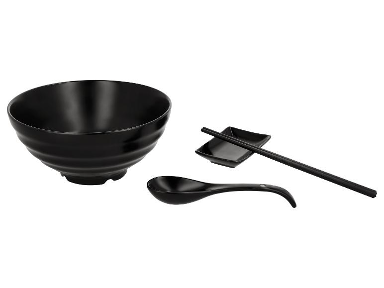Zwarte ramen serviesset: kom, lepel, eetstokjes en houder.