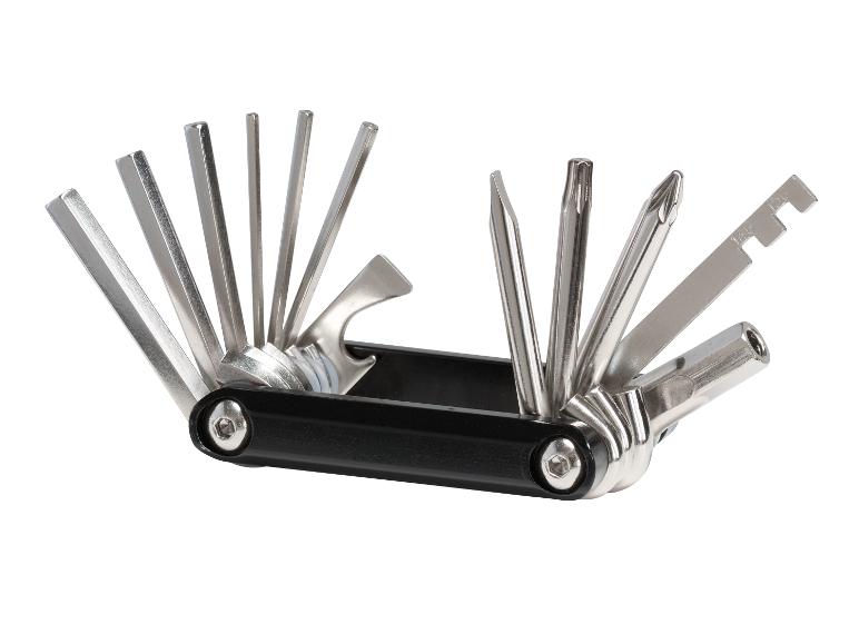 Zwart-zilveren fiets multitool met inbussleutels, schroevendraaiers en flesopener.