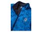 Blauwe fleecejas met bouwsteenpatroon en ritssluiting.