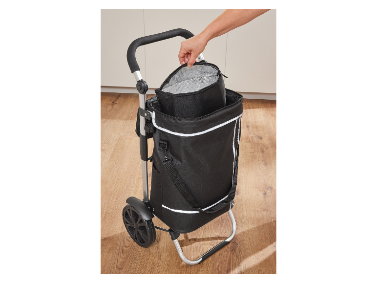 Iemand plaatst een koeltas in een opvouwbare winkelwagen.