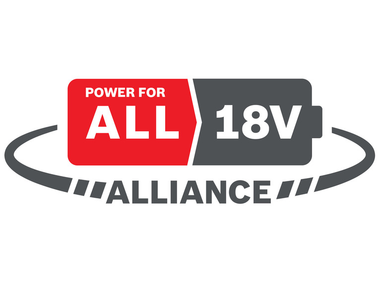 18V-batterij voor gereedschap van verschillende merken, met 'Alliance'-logo.