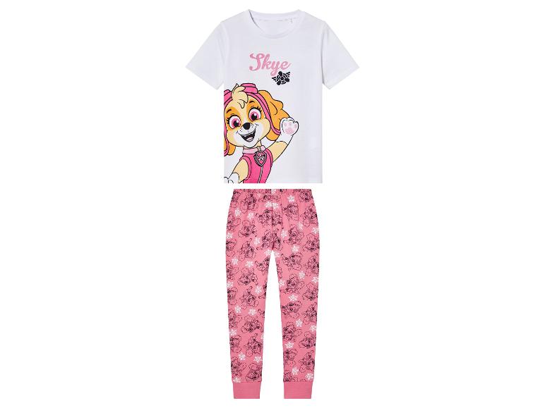 Een wit T-shirt met Skye van Paw Patrol en een roze pyjamabroek met Skye-print.