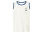 Wit mouwloos shirt met blauwe biezen en opdruk 'ATHLETIC SQUAD 1986 College League'.