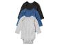 Drie baby-onesies in grijs, blauw en zwart.