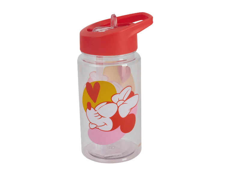 Minnie drinkfles met rietje, rood en roze hartjes motief.