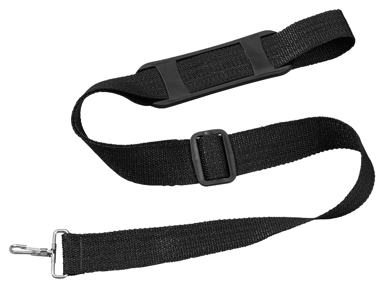 Een zwarte schouderband met metalen gesp.