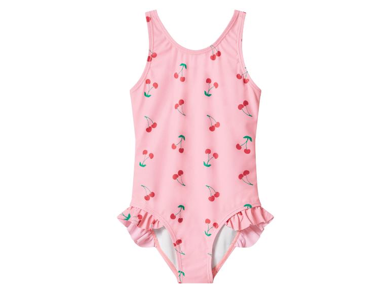 Roze meisjeszwempak met kersenprint en ruches.