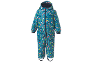 Kinderregenpak met vossen- en bomenprint op een blauwgroene achtergrond.
