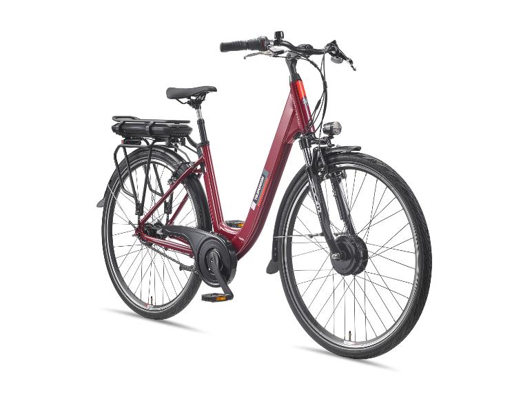 Rode elektrische fiets met bagagedrager en voorlicht.