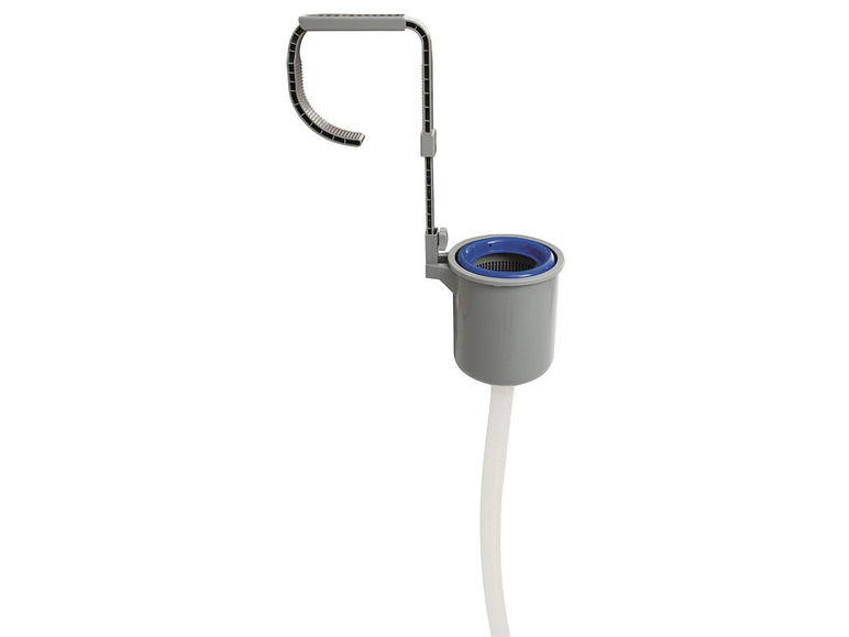 Een zwembadschep met een grijze bak en een blauwe filter.