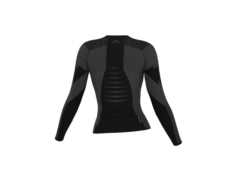 Zwart shirt met lange mouwen met grijze strepen en geometrische patronen.