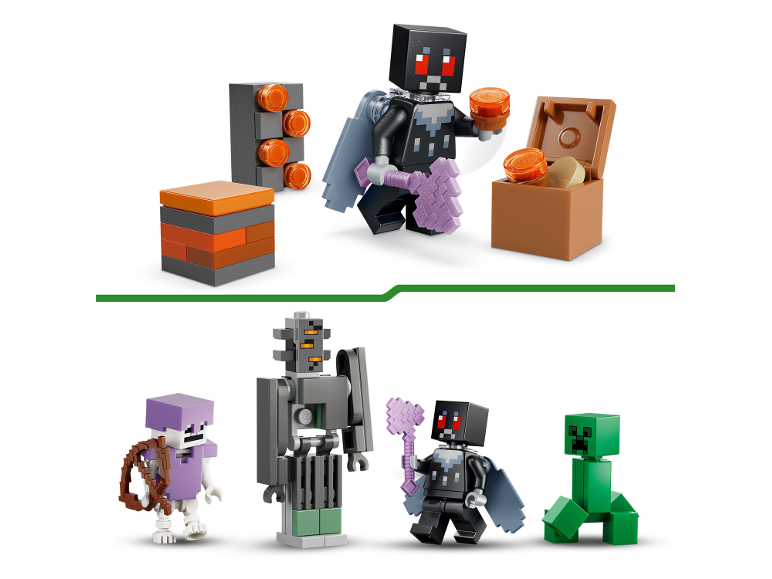 Blokkerige videogame-achtige personages en accessoires, waaronder een golem en een creeper.