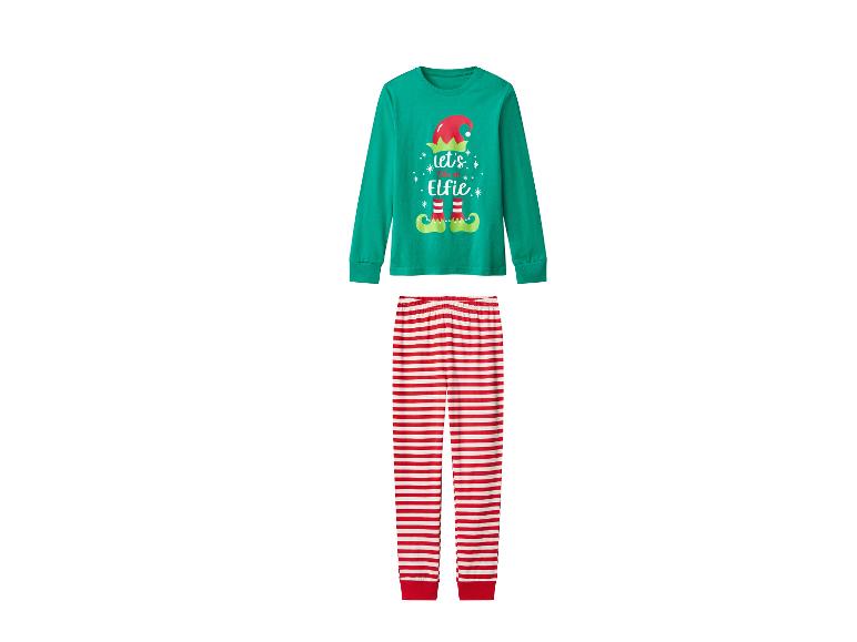 Groene en rood gestreepte pyjama met kerstelfenprint.