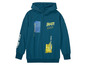 Een blauwe hoodie met skateboard-print.