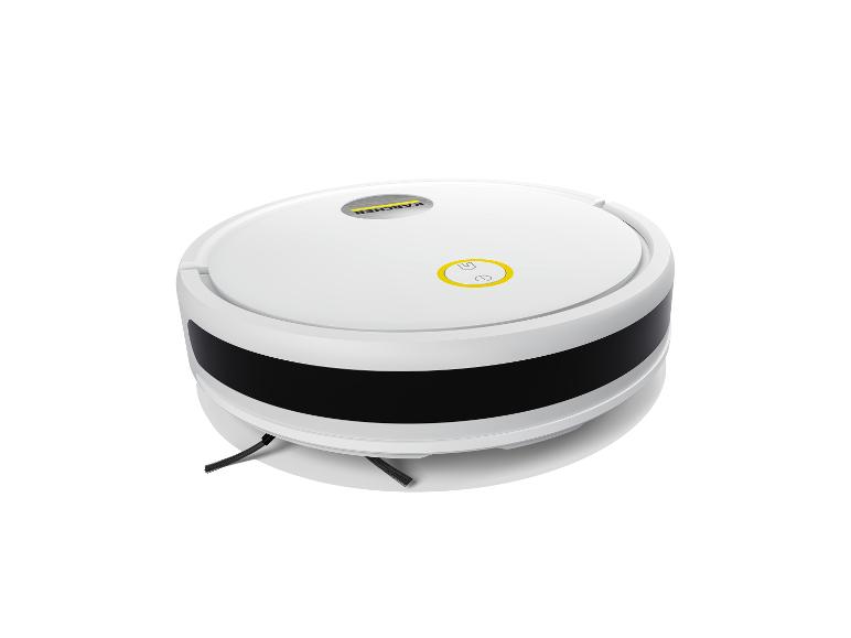 Witte robotstofzuiger met zwarte rand en gele knoppen