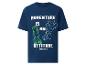 Blauw T-shirt met korte mouwen met de tekst 'ADVENTURE IS AN ATTITUDE' en gepixelde personages
