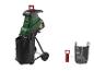 Tuingversnipperaar met zwarte opvangzak, rode aanstamper en gereedschap.