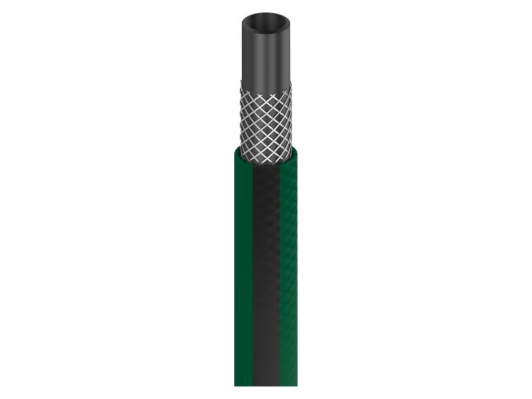 Groene tuinslang met zichtbare gaasversterking.