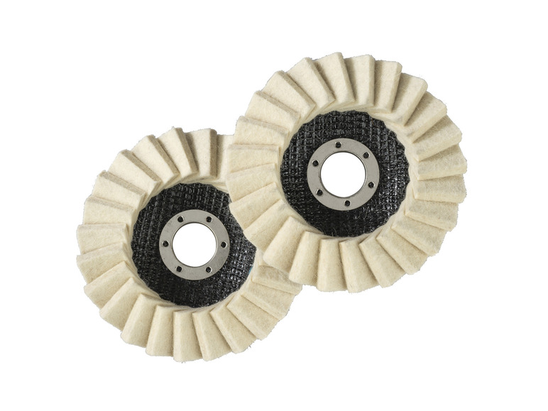 Twee ronde schuurpads van wol, geschikt voor gebruik op een schuurmachine.
