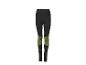 Zwarte legging met groene patroonpanelen en tekst op de tailleband.