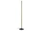 Zwarte vloerlamp met een slanke, verticale gouden lichtzuil en een ronde voet.