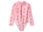 Roze kinderzwempak met lange mouwen en kersenpatroon.