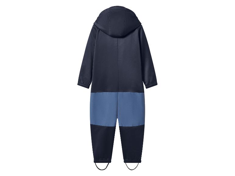 Donkerblauw kinderoveral met capuchon en blauwe details, achteraanzicht.