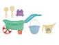 Kleurrijke zandspeelset met kruiwagen, emmer, gieter, schep, hark en krabvorm.