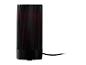Zwarte aroma diffuser met verticale ribbels en rode gloed, met bedieningsknoppen en stroomkabel.