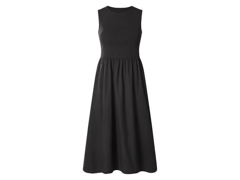 Mouwloze zwarte maxi-jurk met ronde hals en geplooide taille.
