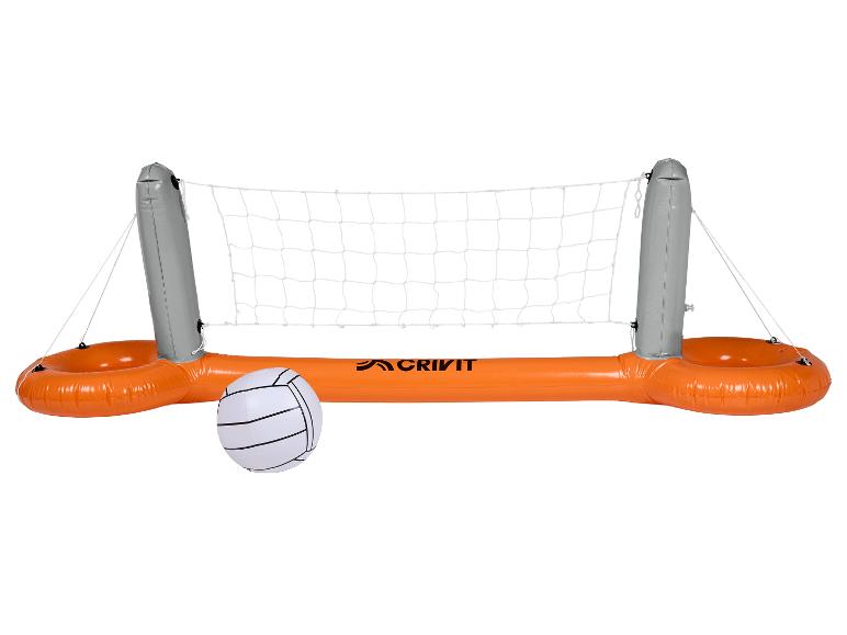 Opblaasbaar volleybalnet met bal voor zwembad, oranje en grijs.