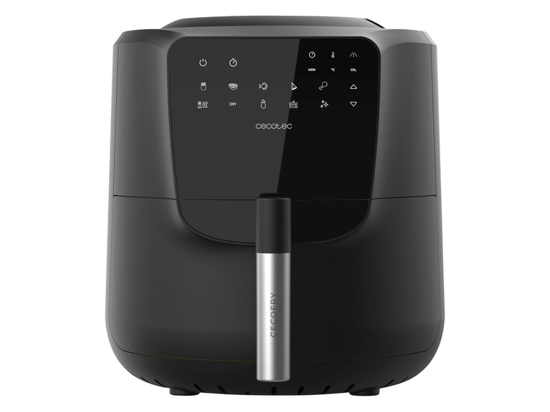 Een zwarte Cecotec airfryer met een digitaal bedieningspaneel.