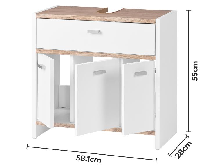 Wit en houten wastafelmeubel met lade en deuren, afmetingen 55x58.1x28cm.