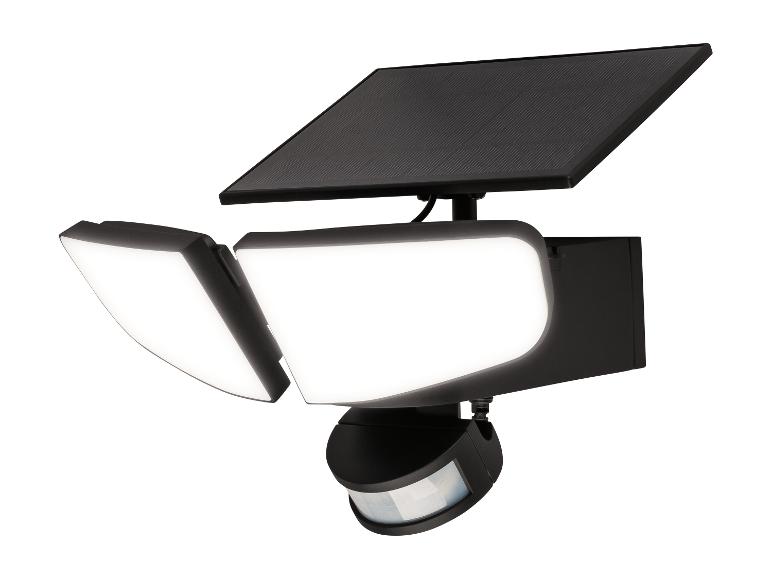 Op zonne-energie werkende beveiligingslamp met bewegingssensor en twee verstelbare LED-koppen