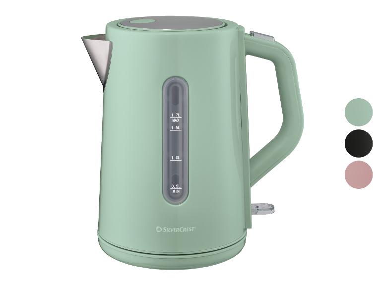 Mintgroene waterkoker met waterniveau-indicator en kleuropties.