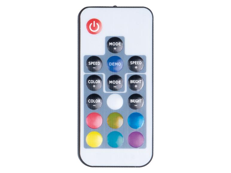 Witte afstandsbediening met zwarte en gekleurde knoppen voor lichtregeling.