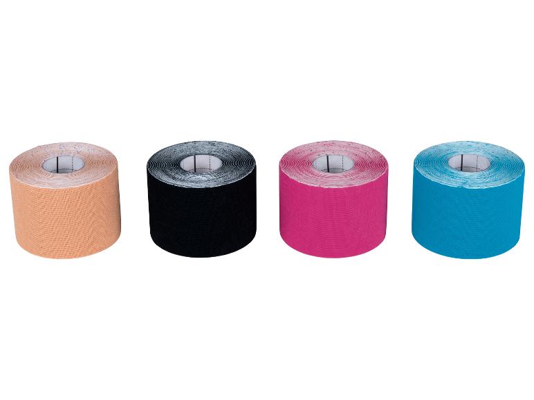 Vier rollen sporttape in beige, zwart, roze en blauwe kleuren.