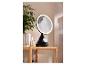 Verlichte make-upspiegel met Bluetooth-luidspreker op houten plank met plant en parfum.