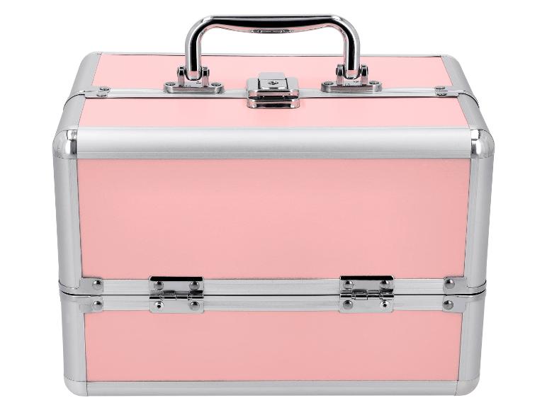 Roze make-upkoffer met zilveren handvat en sloten