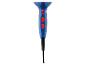 Blauwe föhn met rode knoppen voor warmte- en snelheidsinstellingen.