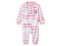 Gestreept babyrompertje in roze en geel met Minnie Mouse-motief.