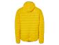 Gele gewatteerde jas met capuchon.