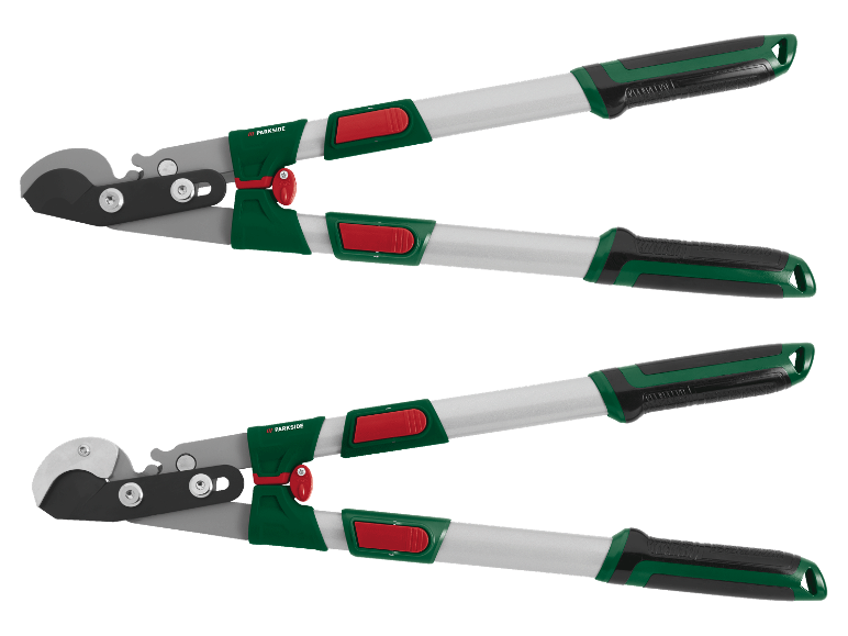 Twee Parkside snoeischaren met lange handgrepen op een zwarte achtergrond.